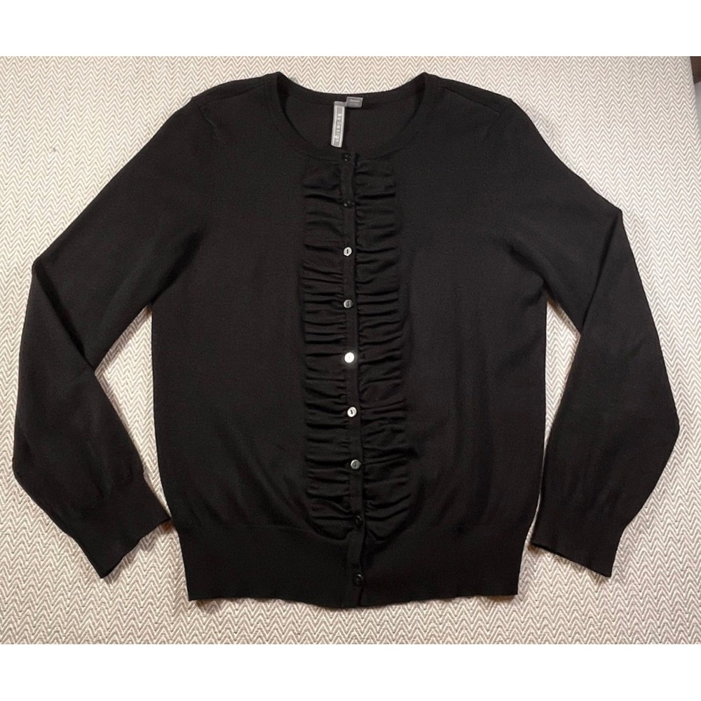 Women's L Black Ruffle Cardigan Button Front Lightweight Sweater